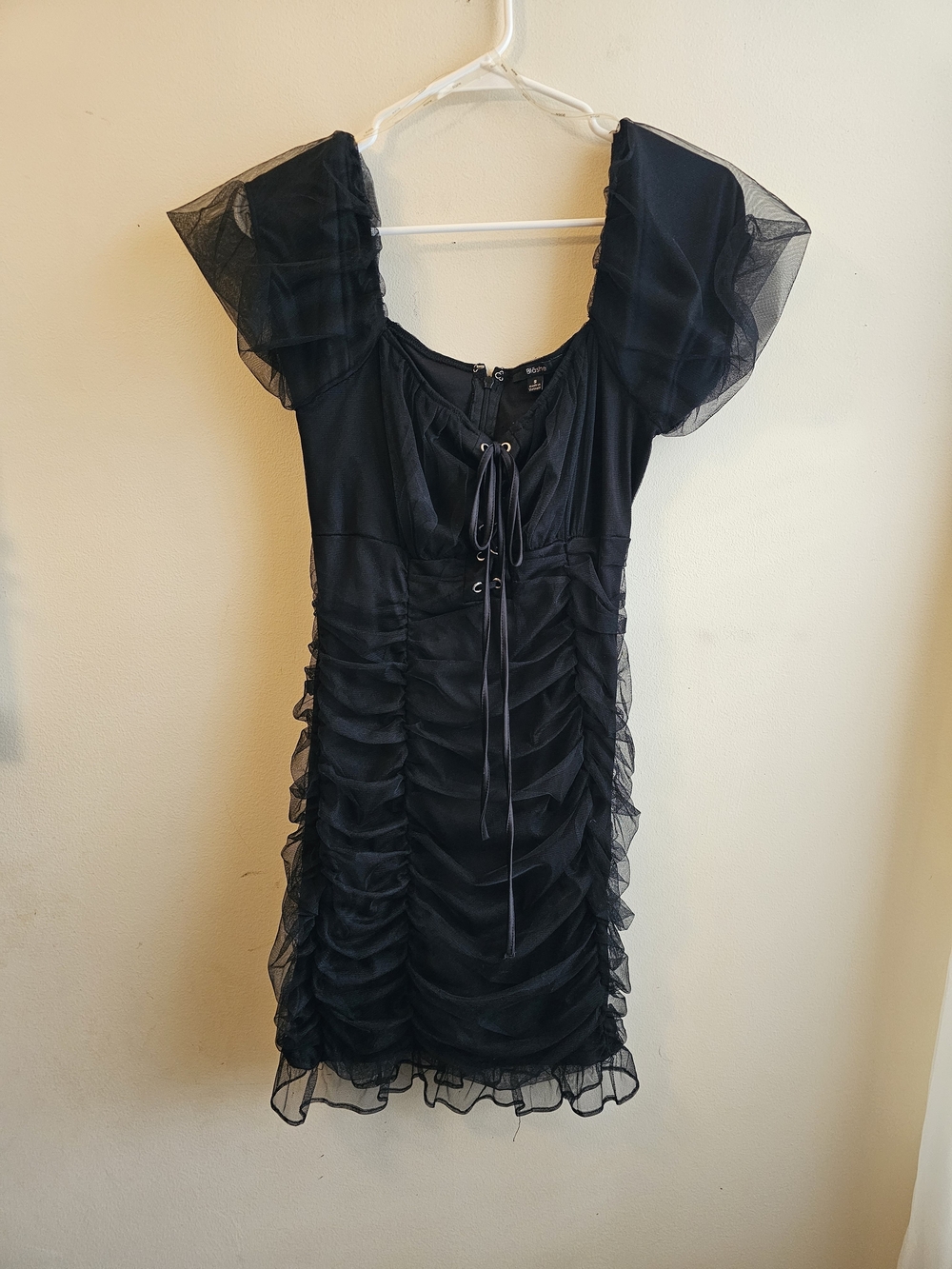 Ruched Black Mini Dress with Tie-Front Detail